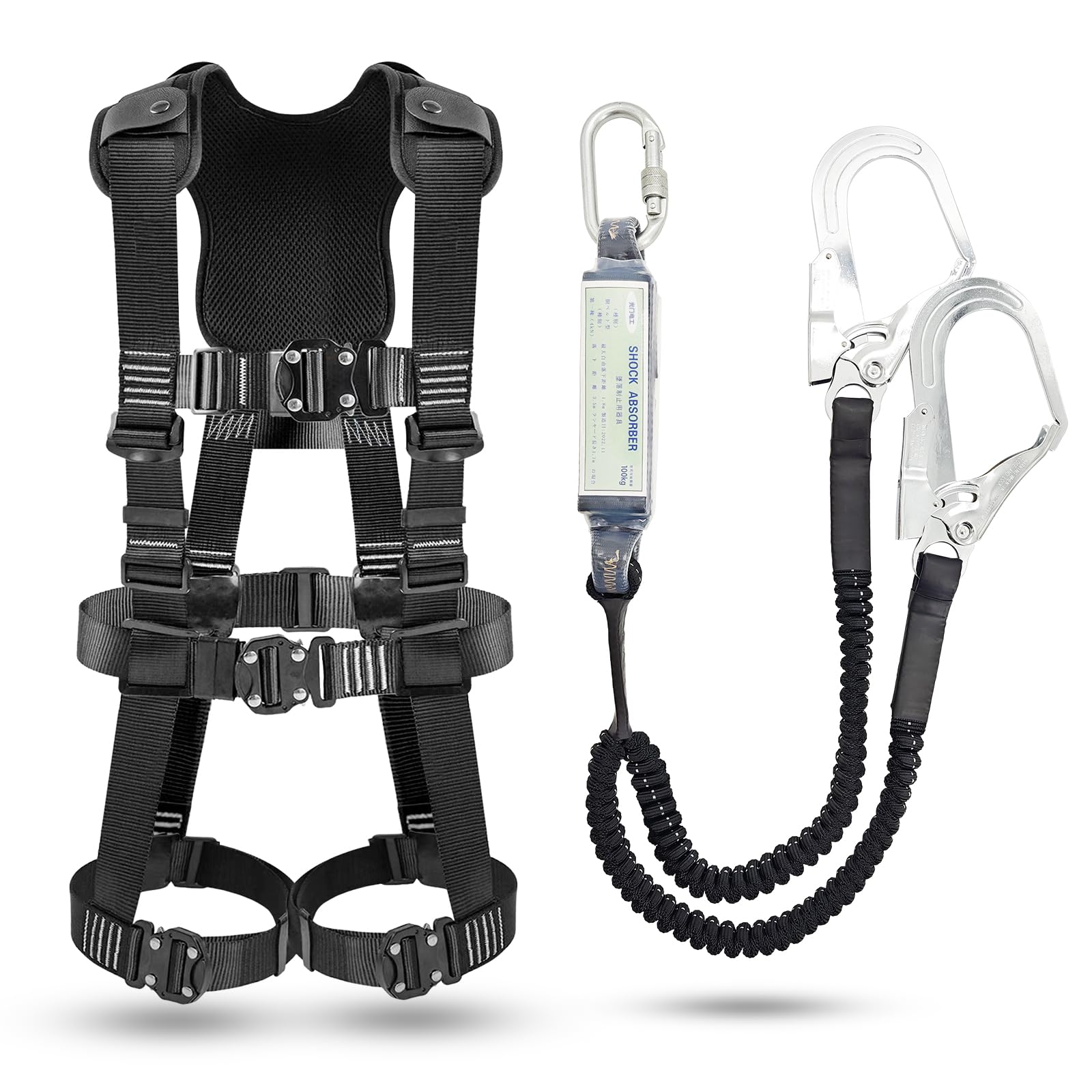 Koyen Denko New Standard Full Harness Safety Belt Set, Double-Hook Fall Arrest Device, Retractable Double Lanyard, Quick-Release Buckle, Shoulder Pads, All-Around Protection Full Harness, Suspension Large Black A
