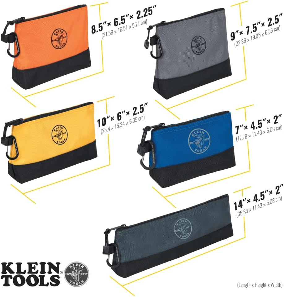 Сумка-стойка Klein Tools 55569 на молнии, Сумка для инструментов с карабином, Усиленная ластовица, Дно, Водонепроницаемая, 1680d, Разных размеров, 5 упаковок, фото 4