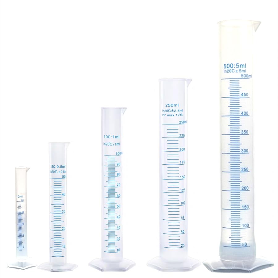 5-Piece Set Plastic Measuring Cup Laboratory Measuring Cylinder Test Tube Chemical Clear Measuring Double-Sided Metric 10ml/50ml/100ml/250ml/500ml transparent