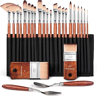 絵筆セット、絵の具 筆、アクリル絵の具 筆、26本画筆、油絵 筆、画材セット、プロフェッショナル・シリーズ、布製ロールケースとパレットナイフ付き、多用途、携帯便利、コンパクト収納、油絵、アクリル・キャンバス画用、プロのアーティストから初心者まで、学校、アートコース、野外スケッチ、塗り絵、丸型、平型、平丸筆、扇型筆、斜め筆、細筆、FCS認証のバーチ材を使用
