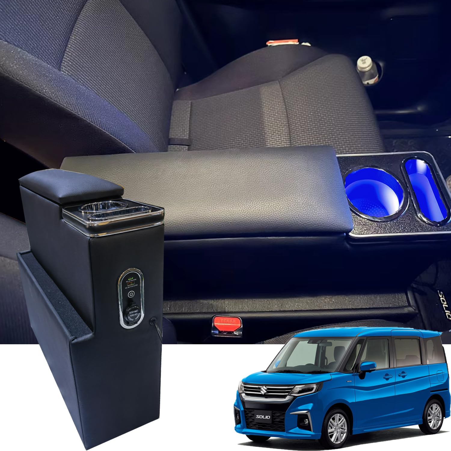 SUZUKI SOLIO Console Box Bandit Armless MA15S MA26S MA36S MA46S MA27S MA37S DELICA D2 MB36S Console Armrest SOLIO Center Console Box Blue LED Rapid Charging Type-C QC3.0 USB Port Large Capacity Easy Installation Anti-Fatigue PU Leather
