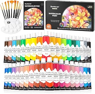 Shuttle Art 水彩絵の具 36色 48点セット 透明色 筆10本 パレット 水彩紙付 12ml チューブ 大人の塗り絵 お絵描き 美術 画材セット 学校用 初心者 専門家 プレゼント
