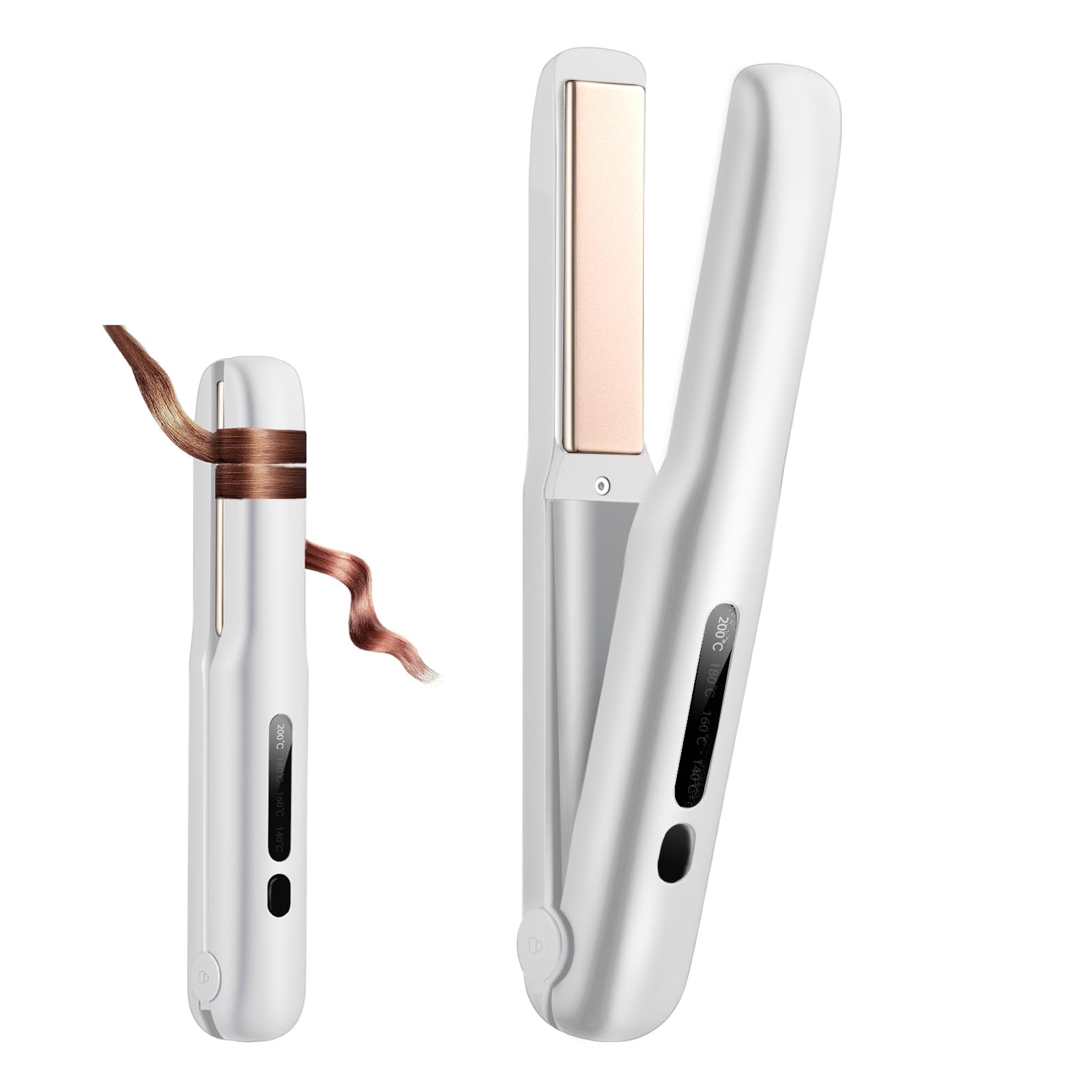 Cordless Hair Iron 2WAY 18mm Plate Curl & Straight Cordless Iron 140℃～200℃ 4-step Temperature Setting 30s Rapid Heating 20-minute Automatic Power OFF Mis-operation Prevention Lock Type-C Rechargeable White