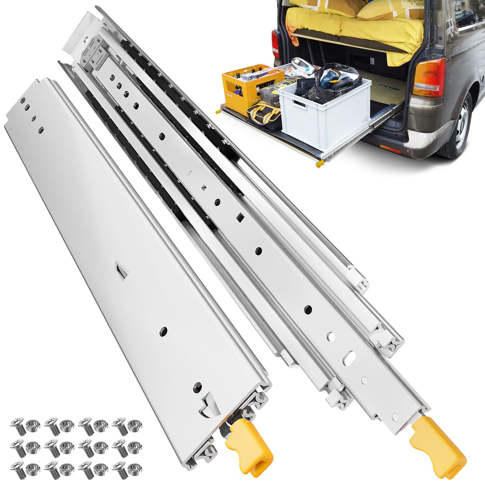 ToBeGreat Super Heavy Duty Slide Rail 1500MM with Lock, Width 76MM, 3-section Industrial Slide Rail for Heavy Duty Drawer, Caravan Shelf, Load Bed Side Mounting, White, with Screws, 2-piece (Pair) 1500MM Width 76MM