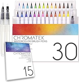 CHROMATEK 水彩ブラシペン 30本 | 15ページ チュートリアルパッド & オンラインビデオシリーズ | ブラシチップ | 鮮やかでブレンド可能なプロフェッショナルアーティスト品質 | 27色 | アクアペン3本 | 水彩画一式セット
