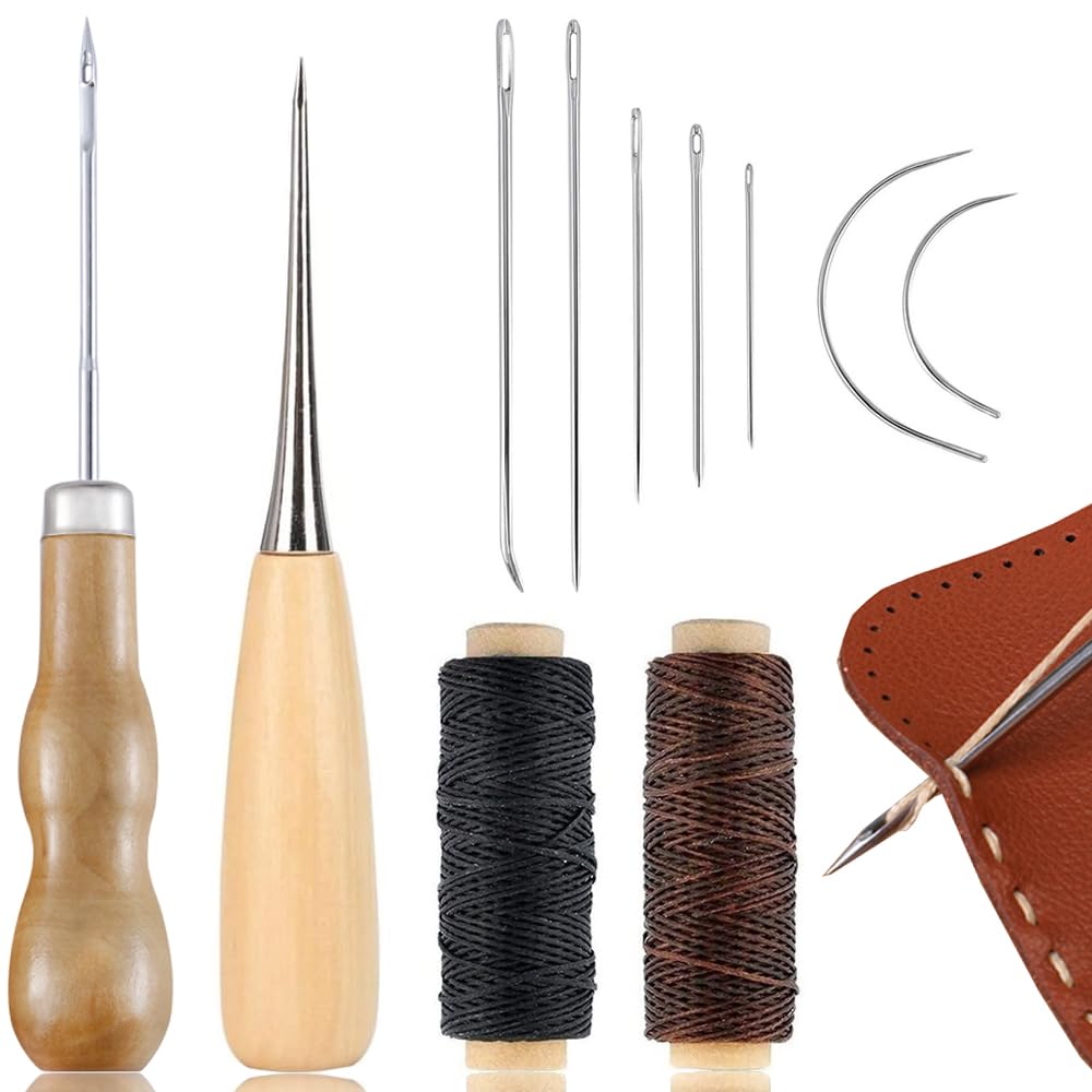 Leather Craft Leather Tool Set, 11-Piece Set, Wooden Handle Leather Punching Tools, Leather Sewing Tools, Hand Sewing Tools, Sewing Thread Needles, Wax Drawing, Leather Tool, DIY, Home, Daily Sewing, Beginners (1 x Double Gourd with Eyelets + 1 x Leather Punching Guoul + 7 x Hand Sewing Needles + 2 x Flat Wax Threads)