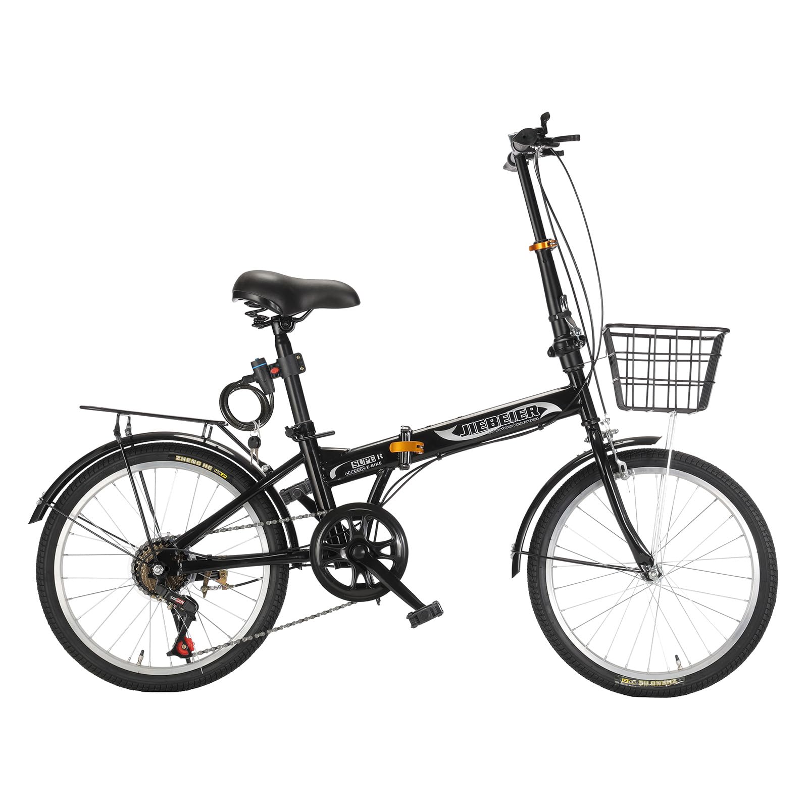 JZXC-02 Folding Bicycle, 20-inch, 7-speed, Rear Carrier, Front and Rear Fenders, Lightweight, Small Wheel Bike, Anti-Slip Tires, High Carbon Steel Frame, For Men and Women, Beginners Black