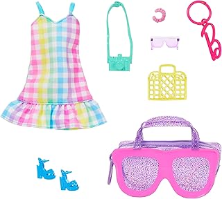 バービー(Barbie) バービー いっしょにおでかけ! チェックワンピースとアクセサリーセット きせかえ人形・ハウス ドール用服&アクセサリーセット 3歳から ピンク HRH50