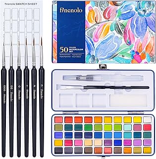 finenolo 固形水彩 50色 絵の具セット 透明水彩絵の具 初心者〜専門家向け スケッチ 塗り絵 絵画用 携帯便利 学生 女の子 プレゼントに最適 水毛筆＆細筆6本付き