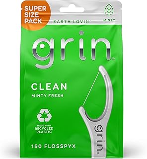 GRIN Clean Flosspyx フロスピックス フロスピック 150枚 デンタルフロス ミンティフレーバー リサイクルプラスチック 超強力ファインフロス タイト歯 プレミアムロングフロスヘッド 安全な折り返し歯ピック付き