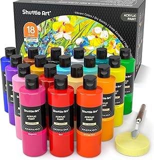 Shuttle Art アクリル絵の具 18色 250ml 大容量 絵の具セット ナイフ スポンジ付き 無毒 速乾 耐水 耐久 伸びがいい 鮮やか ボトル キャンバス/石/木材/セラミック/壁に描ける キラキラ絵の具 画材 美術用品 イラスト 大人の塗り絵 アーティスト 美大生 学校用