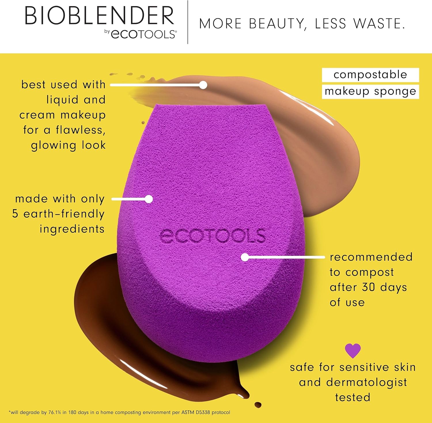 Губка для макияжа EcoTools Bioblender, Биоразлагаемый блендер для макияжа, для жидких и кремовых тональных средств, Устойчивое, бесшовное нанесение, Экологически чистый спонж для красоты, не содержит вредных веществ и латекса, 1 шт, фото 2