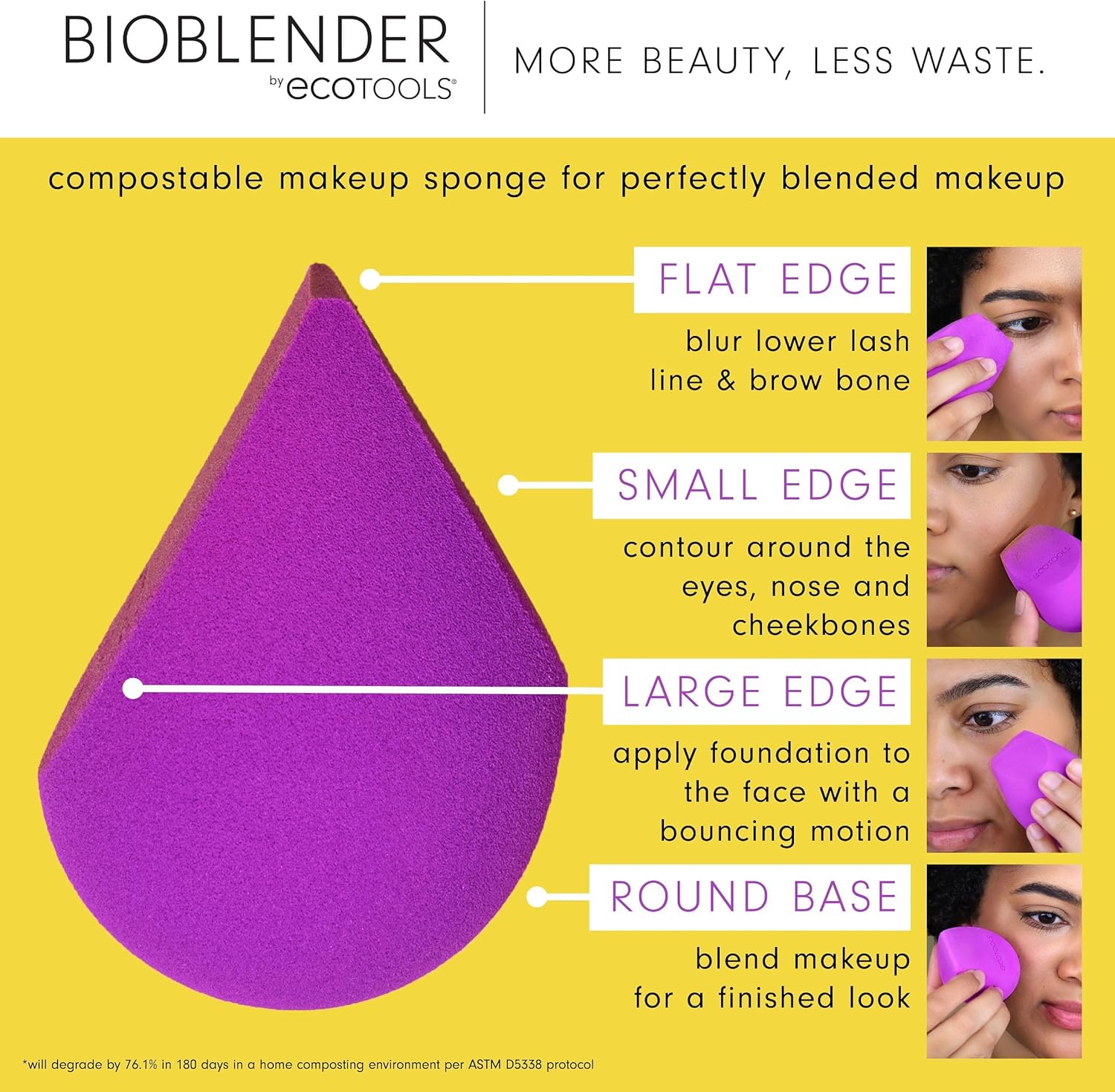Губка для макияжа EcoTools Bioblender, Биоразлагаемый блендер для макияжа, для жидких и кремовых тональных средств, Устойчивое, бесшовное нанесение, Экологически чистый спонж для красоты, не содержит вредных веществ и латекса, 1 шт, фото 3