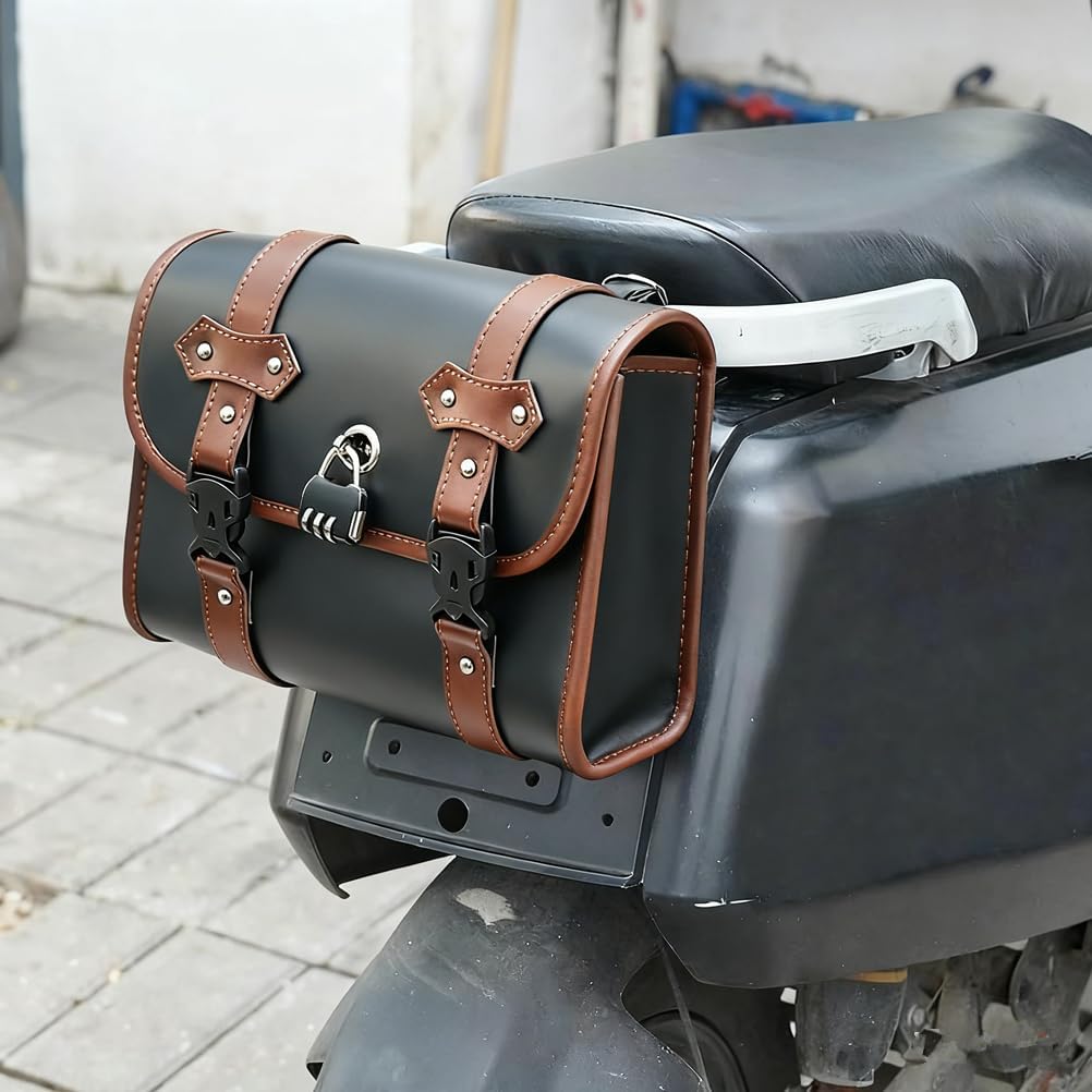 Сумка для хранения инструментов Samkos Bike Mini Type из искусственной кожи с заклепками, простая установка, чехол для аксессуаров для мотоцикла, сумка для инструментов общего назначения, водонепроницаемая / (Коричневый E), фото 5