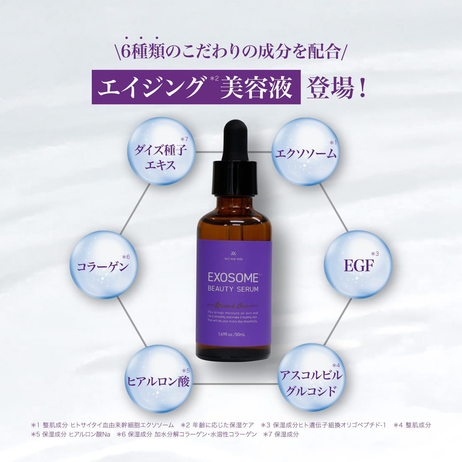 Сыворотка для красоты EXOSOME Beauty Serum, 1,7 жидких унции (50 мл), Экзосома, Стволовые клетки крови Хитосаи, EGF, Увлажняющая, Упругая, Стволовые клетки человека, Сырой раствор, Состав для кожи, Увлажняющий состав, Гиалуроновая кислота, Коллаген, Сделано в Японии, Высокая чистота, Сыворотка для кожи Wiwewo, фото 4