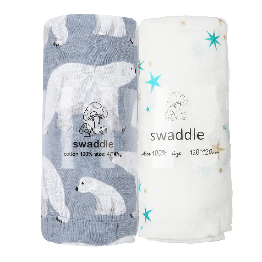 Swaddling Baby Blanket, Baby Bath Towel, Gauze, Nursing Cape, Baby, Newborn, Swaddle, Baby Shower Gift, 47.2 x 47.2 inches (120 x 120 cm), 100% Cotton, Set of 2 (Blue) Blue Set of 2 (Stars and Polar Bear)