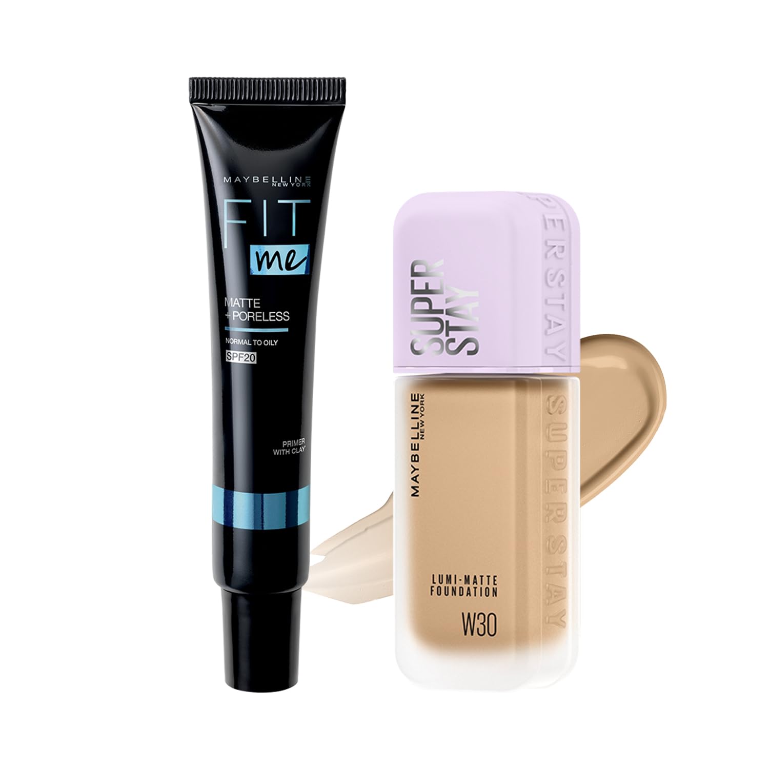 Maybelline W30 SP Stay Lumi-Matte Liquid Foundation + Fit Me Primer 01 W30 Natural Yellow 3) Primer Set