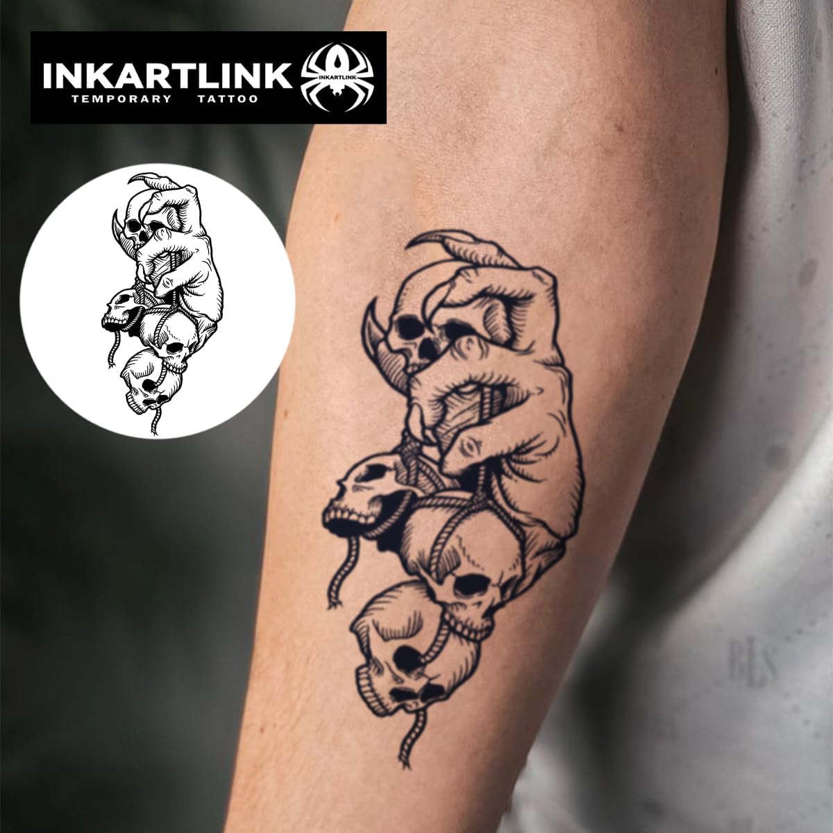 INKARTLINK Tattoo Tech 2-листовая средняя полупостоянная татуировка для взрослых, художественный дизайн, временная татуировка на 1-2 недели, водонепроницаемый, реалистичный внешний вид, отсутствие отражения (захват черепа), фото 2