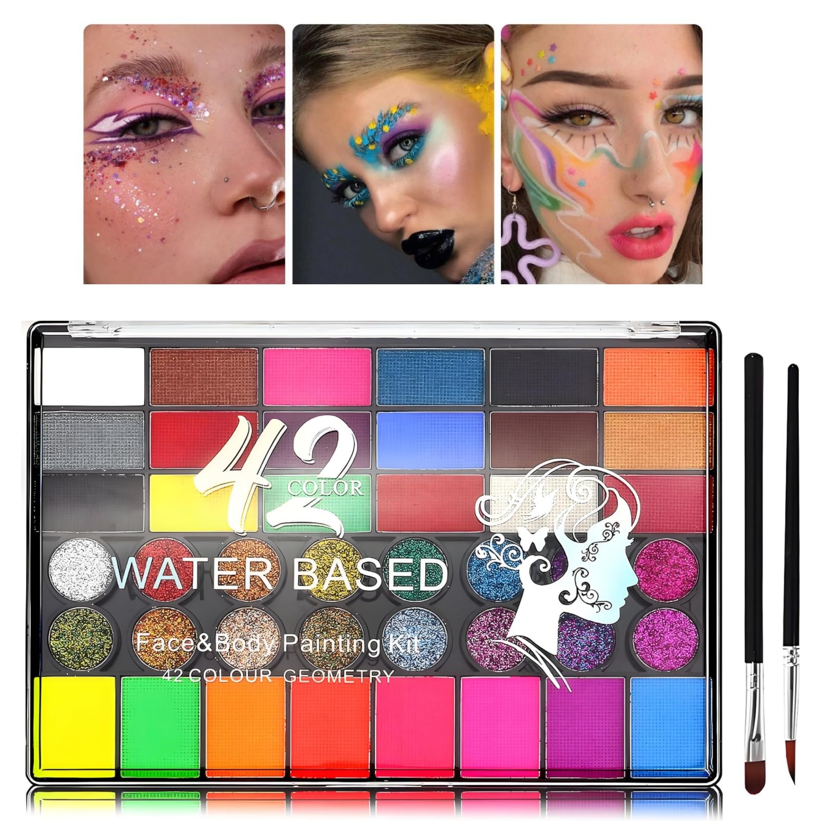 Face Painting Kit, 42 Colors Professional Face Painting Palette with 2 Brushes, Water Soluble Safe Washable Body Paint Set, Glitter & Fluorescent Paint Festival Makeup Kit Halloween #A Set