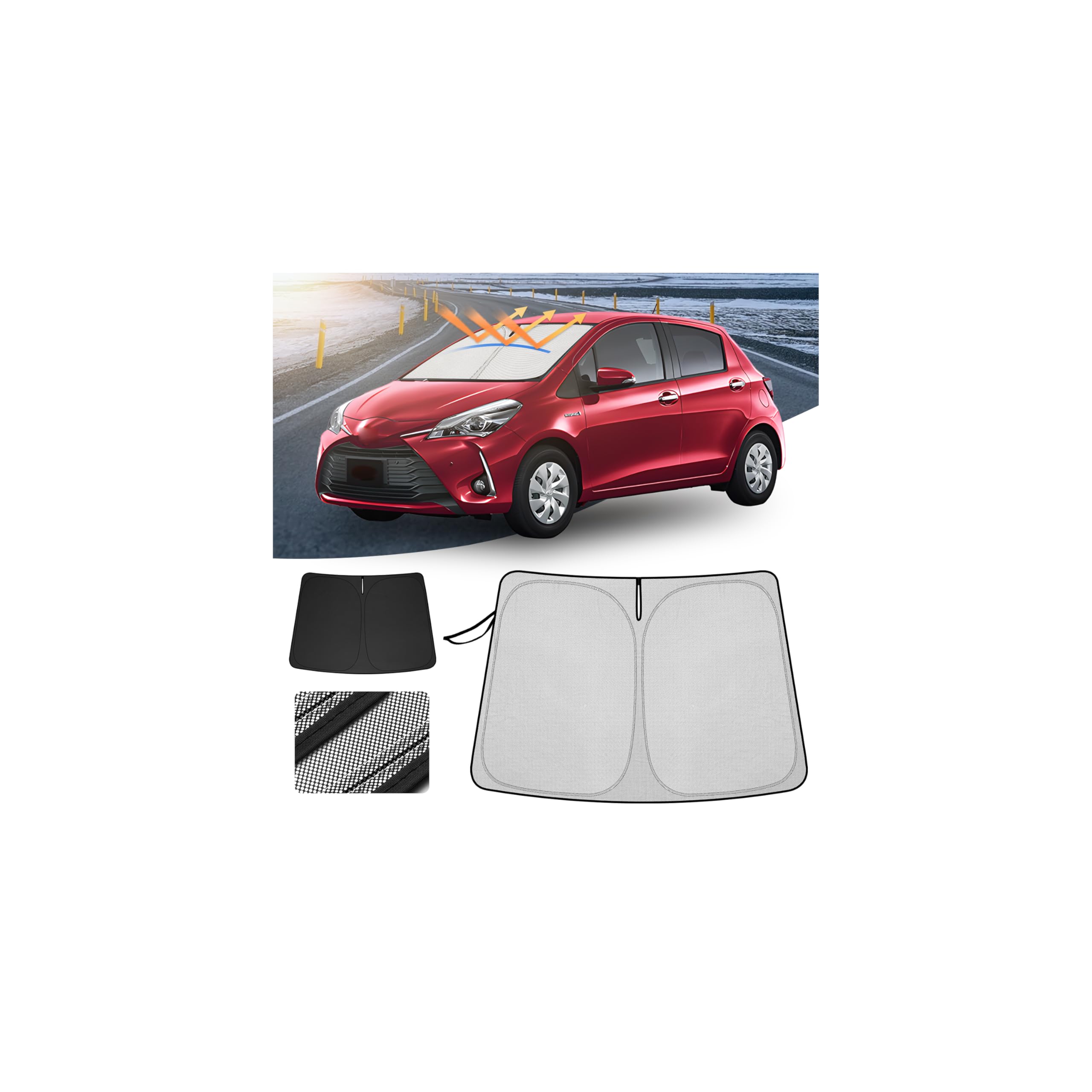 Windshield Sunshade for Toyota Vitz 130 Series (2013-2019), 3rd Gen Multi Sunshade, Vitz NHP130, UV Protection, Shade Curtain, Block Sunlight, Heat Insulation, Sporty, Flexible, Dot Pattern Toyota Vitz 130 Series Vitz NHP 130 Polka Dot Pattern