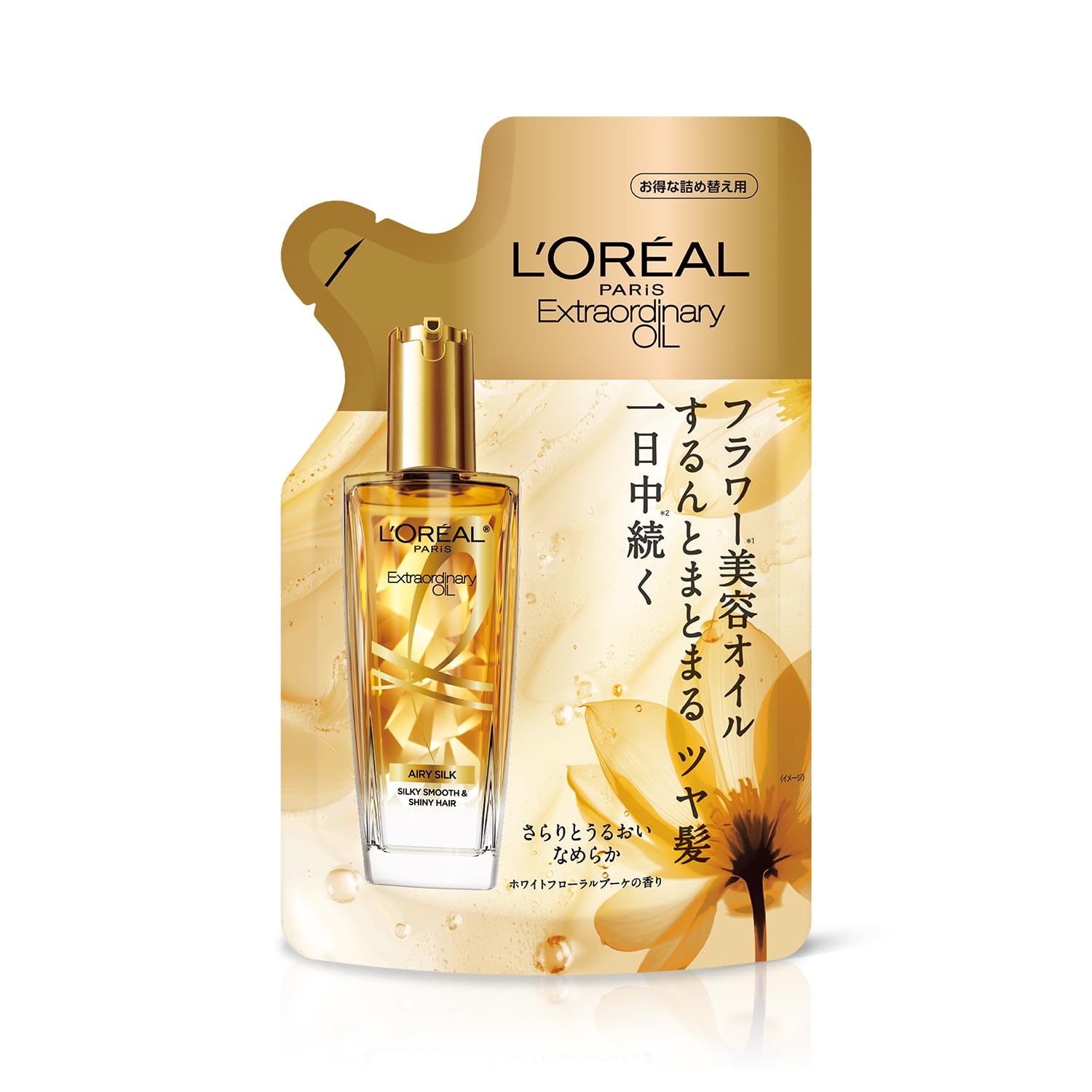 L'Oreal Paris Hair Oil, Elseve Extraordinary Oil, Airy Silk Refill (Refill), Men's Styling Smooth, Leave-in Treatment 2) Oil Refill 90ml white floral bouquet