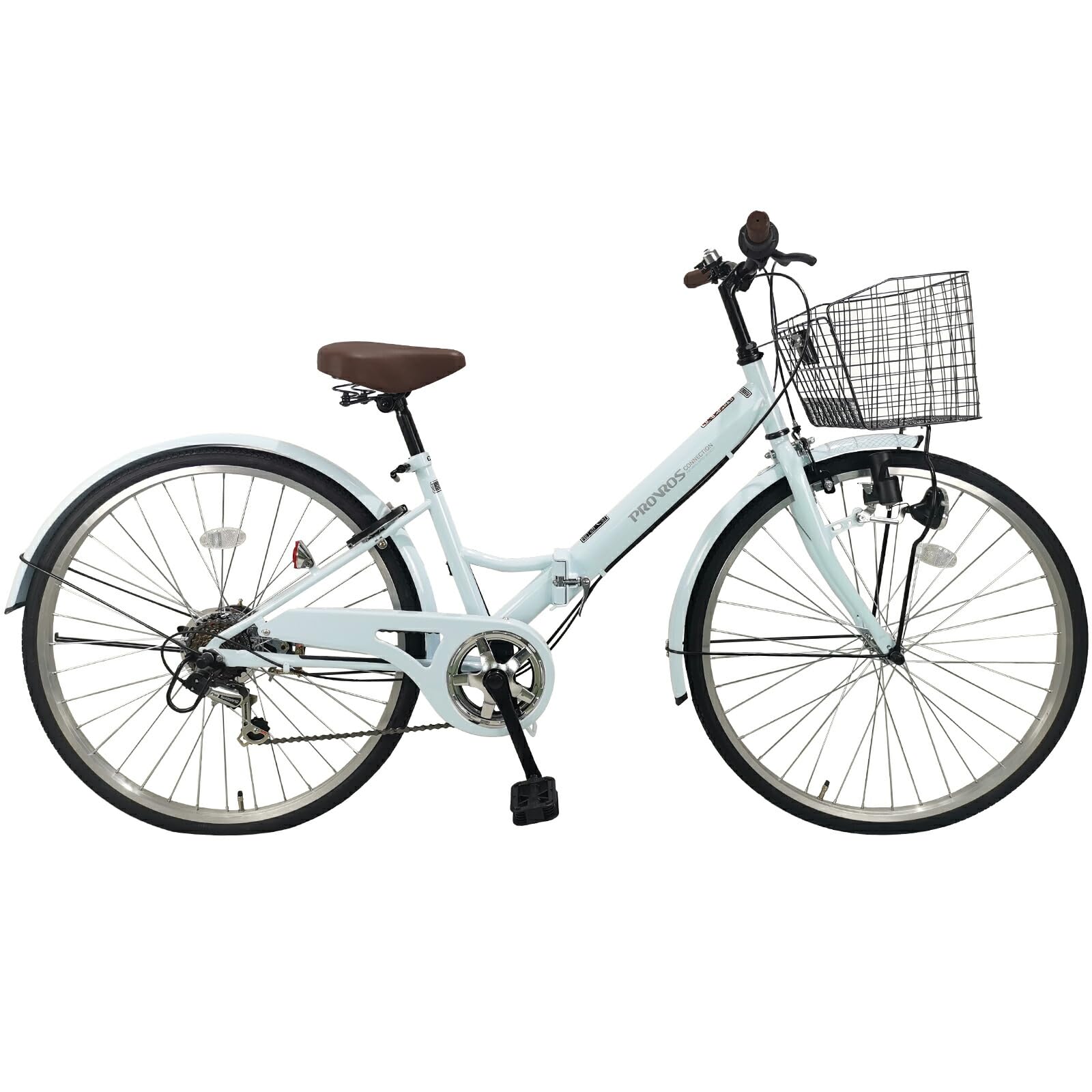 PROVROS(プロブロス) 折りたたみ自転車 26インチ シマノ6段 カゴ LEDライト シティサイクル P-266 | 折り畳み自転車 シマノ製 6段変速ギア ママチャリ カゴ 鍵 LEDライト付き 本体 持ち運び ベビーブルー