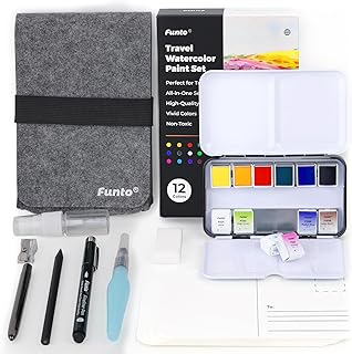 Funtoトラベル水彩絵の具セット、12色、プレミアムポストカード10枚、ブラシ、筆ペン、極細ペン、鉛筆、大人、初心者、アーティスト向け絵画セット
