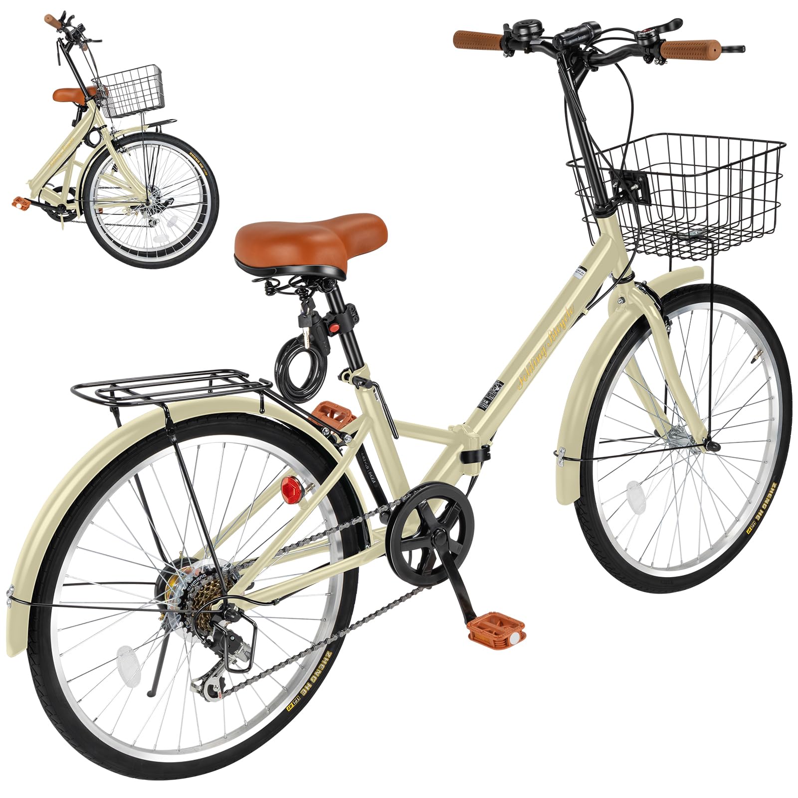 Mixiu Shimano Folding Bicycle, 7 Speed Shifter, High Carbon Steel Frame, 20"/24 Inches, Thick Saddle, Rear Carrier, Cage, Light, Wire Lock, Air Pump Included, Lightweight, Bicycle, Commuting to Work or School, Street Riding, Unisex Khaki 24インチ