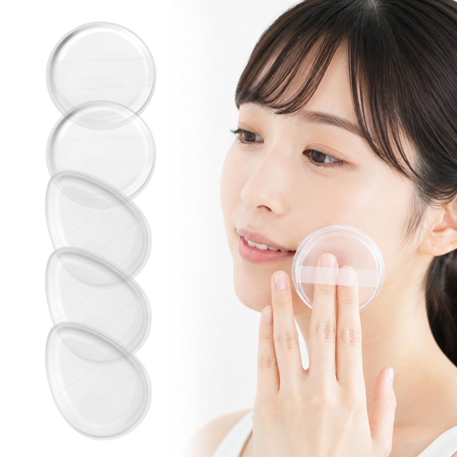 SENUN Silicone Puff Set of 5 with Individual Case for Sun Protection Coating! Transparent, Washable, Reusable, Cotton Puff Foundation, Skin Care, Sunscreen, BB Cream, UV Protection, Hand Dirty, No 2 round + 3 droplets