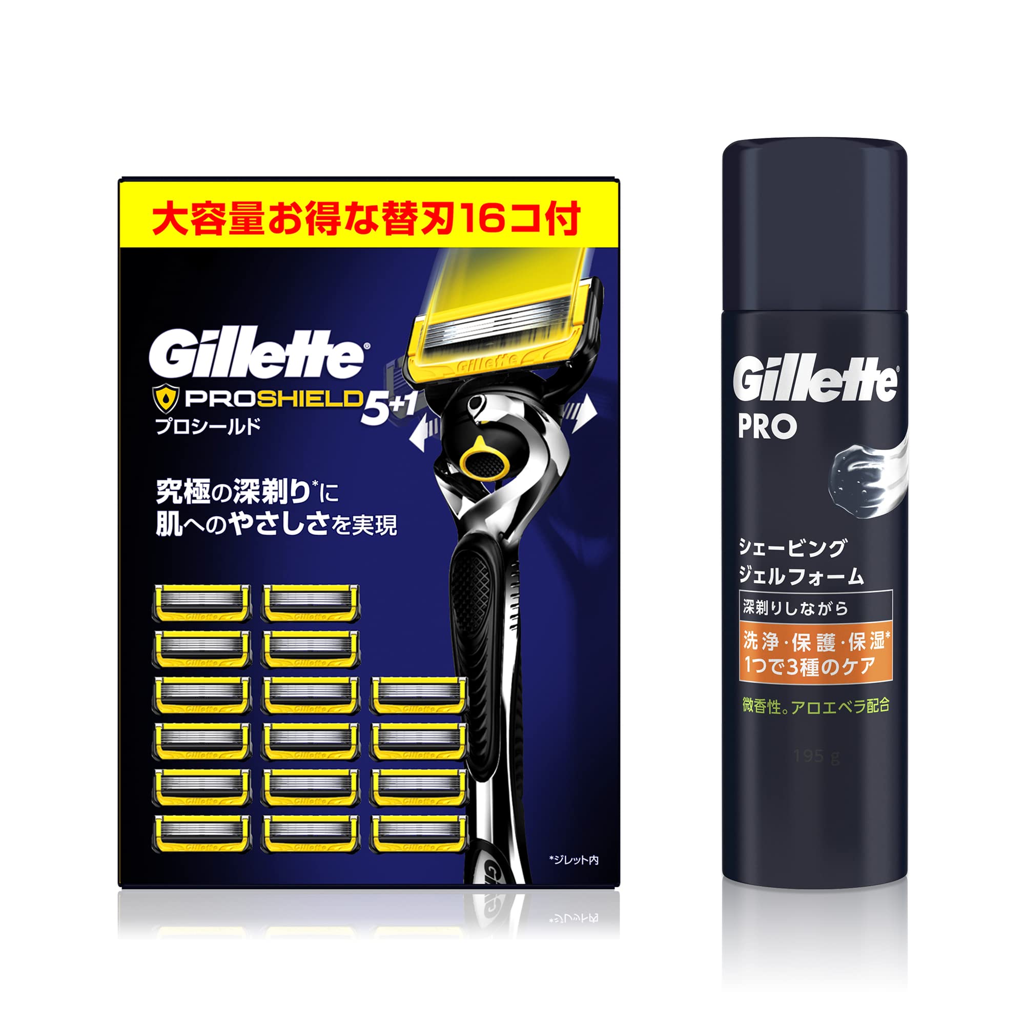 Gillette Pro Shield Manual Razor, Men's, Razor Unit (Including 16 Replacement Blades), and Shaving Gel Foam, 6.9 oz (195 g), Set Purchase, Amazon.co.jp Exclusive Main unit, 16 replacement blades, gel foam