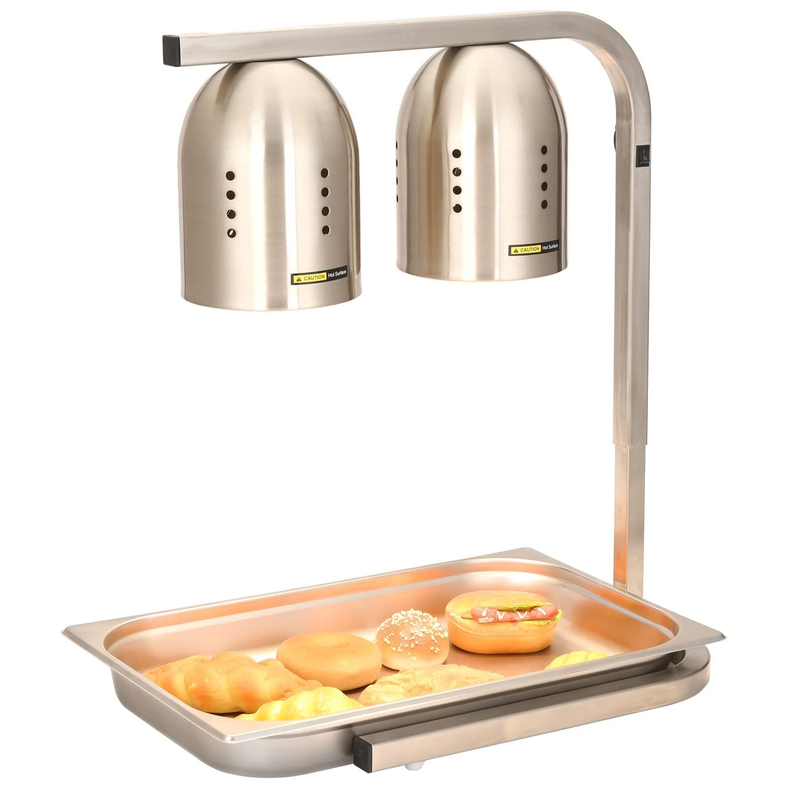 Commercial Food Heat Lamp, 500 Watt Portable Food Warmer, Height Adjustable Buffet Heat Lamp, Stainless Steel 2 Heads Food Heat Lamp Freestanding (Silver)