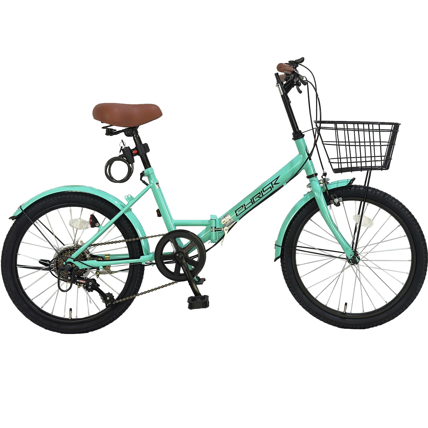 Folding Bicycle, 20 Inch Lightweight, 6-Speed Folding Bike with High Carbon Steel Frame, Front Basket, Foldable, for Commuting and School Use, City Cycle green