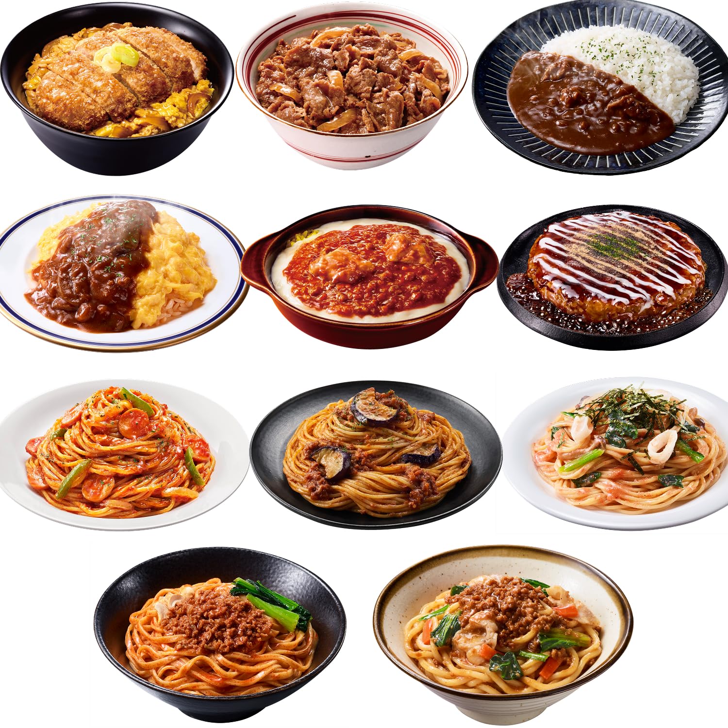 Kanzen Meshi DELI Nissin Foods Variety 11-Item Set Katsudon Gyudon European-Style Curry Rice Napolitan Tarako Pasta Bolognese Brothless Tantanmen Demi Omelet Rice Chicken Doria Meat Miso Mixed Udon Variety Set of 11 Items | Total of 11 Servings