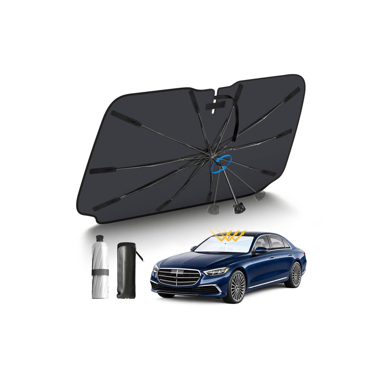 Car Sunshade, Front (2026 New Development & Panda Shaft & Bendable Central Rod), Umbrella Type, Folding Parasol, Car Sunshade, UV Protection, Light Shield, Heat Protection, 10 Ribs, Heavy Duty, Double Silver X Black L(85cmX150cm)
