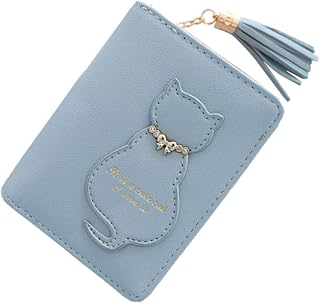 【B-TOPAZ】財布 二つ折り レディース がま口 ファスナー 小さい かわいい バイカラー ミニ財布 ミニウォレット コンパクト 大容量 おしゃれ プレゼント (ファスナータイプ 猫 ブルー)