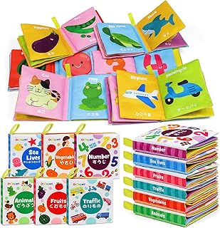 Dr.Rapeti 赤ちゃん布絵本 ベビーおもちゃ 日本語 イングリッシュ 二ヶ国語 6冊セット カシャカシャ音出る 鳴る笛 柔らかい 洗える お風呂に入れる 早期知育玩具 育児サポート 出産祝い プレゼント 幼児向け