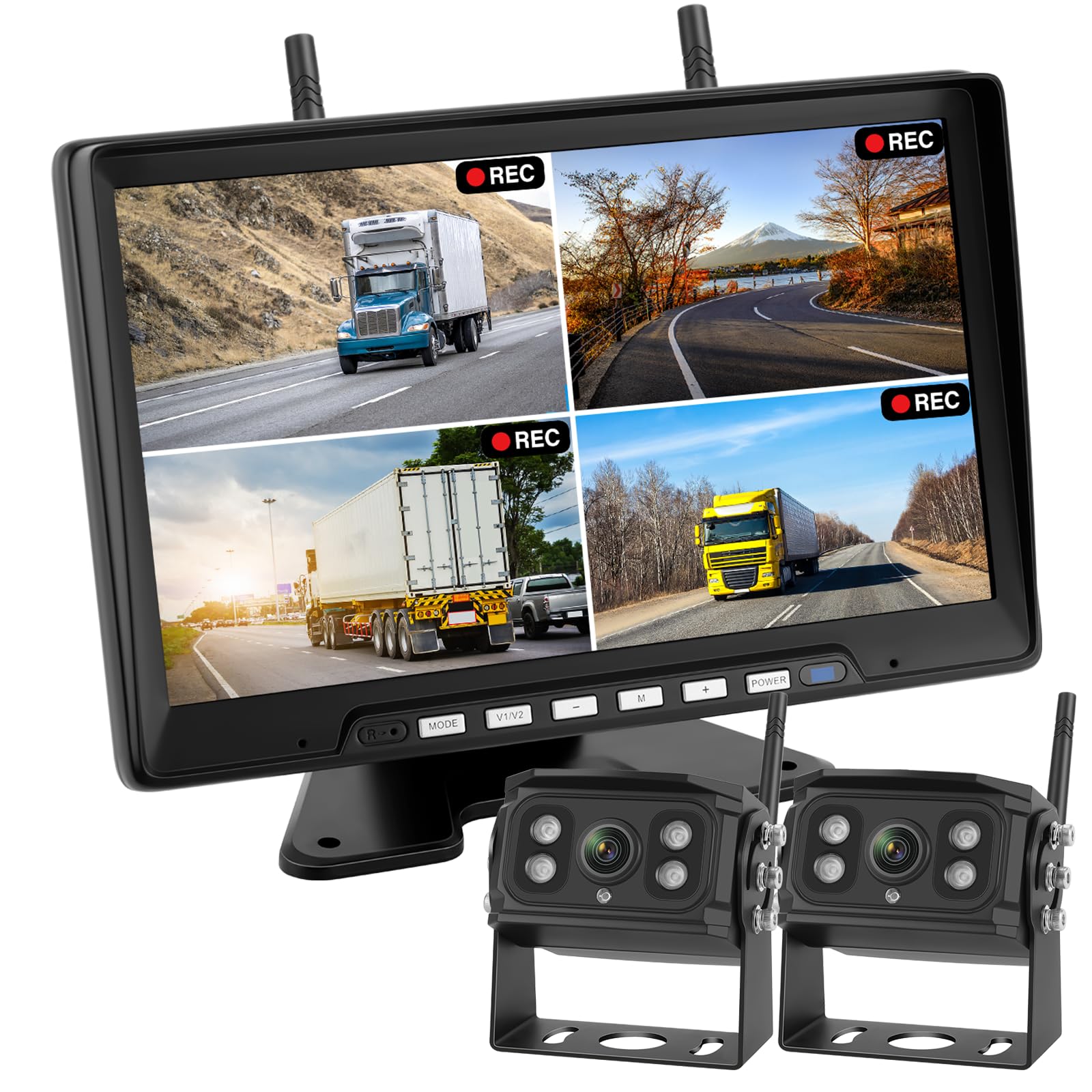 1080P Wireless Back Camera Monitor Set with Recording Function 24V Back Camera 10.1 Inch IPS LCD Back Monitor Camera 2 Units Included Split Screen Display Function Digital Signal Compatible