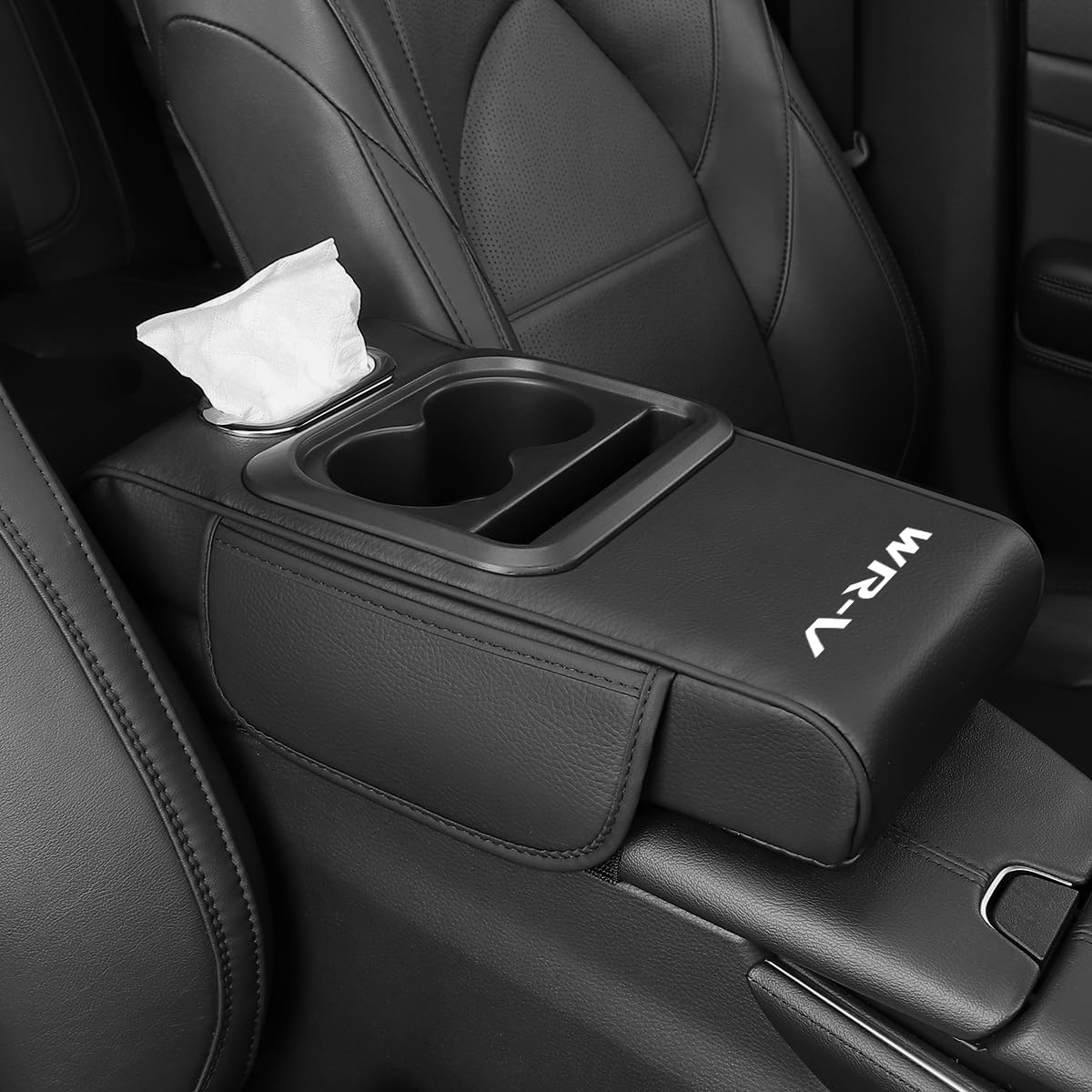 WR-V Armrest Cover Car Cushion WRV DG Series DG5 DG6 Compatible Armrest Console Box Car Armrest Side Pocket with Tissue Storage PU Leather Compact Car Magic Tape Easy Installation Small Item Holder WR-V専用 Black