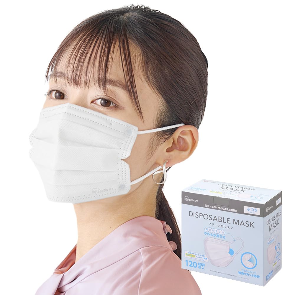 Iris Ohyama Disposable Non-Woven Pleated Mask, Regular Size, 120 Pieces Normal: White 120 sheets