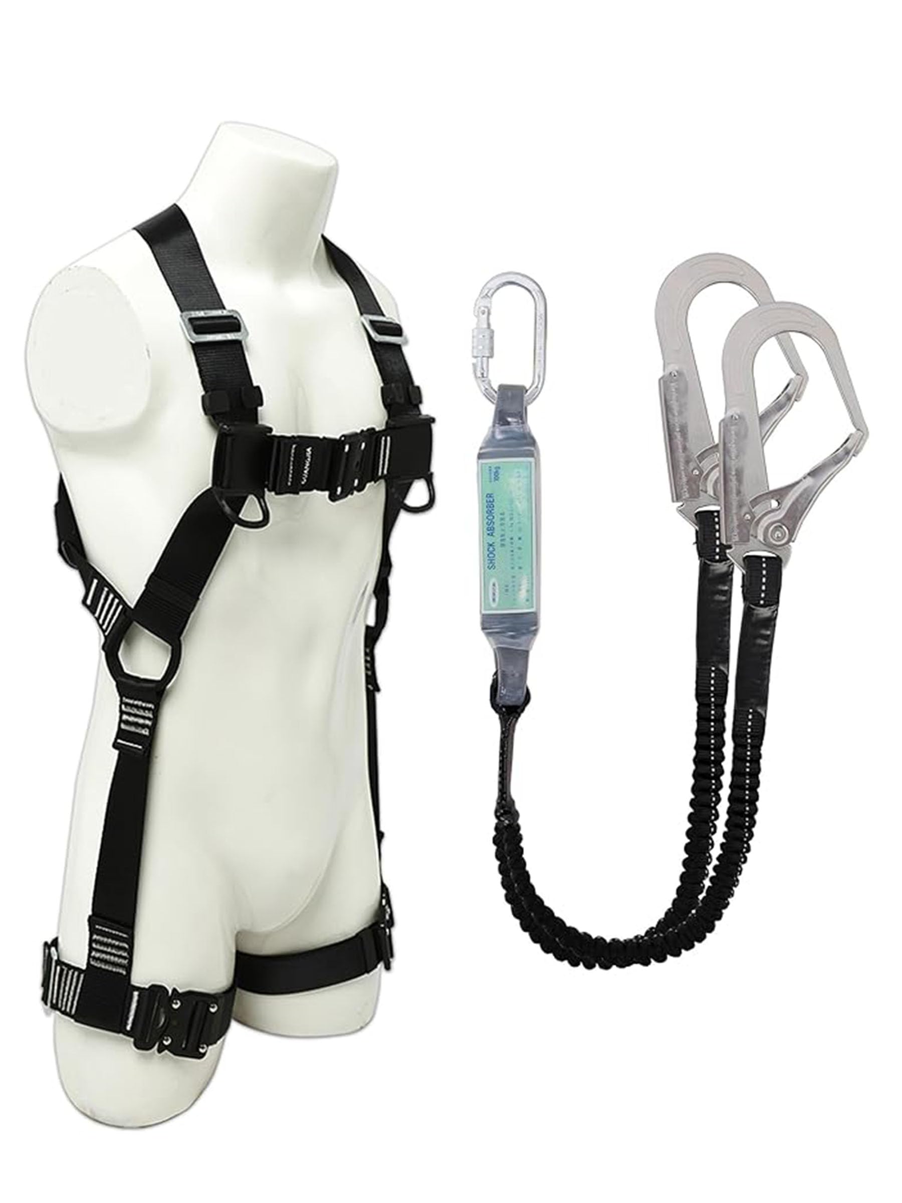OBOROZUKI Full Harness Safety Belt, New Standard Set, Fall Arrest Equipment, Telescopic Lanyard Dual-Hook, Shock Absorber Included, One-Touch Buckle, Full Body Protection Kit, Adjustable Size