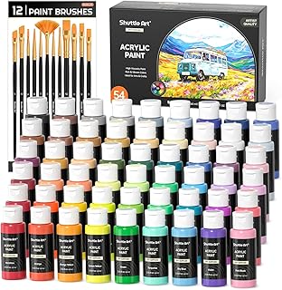 Shuttle Art アクリル絵の具 54色セット 筆12本付き 絵の具セット 大容量 60ml 速乾 耐水 耐久 伸びがいい 鮮やか メタリック 蛍光色 ボトル イラスト 塗り絵 クラフト DIY手作り トールペイント キャンバス/ガラス/セラミック/石/壁/木材に適用 美術 画材 大人 子供用 初心者 専門家