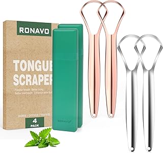 RONAVO Tongue Scraper for Adults (4 PC), Metal Tongue Scraper Rustproof (Travel Cases Included) Reduce Bad Breath, Tounge Scrappers Oral Care, Easy to Use &Wash, 2 Colors