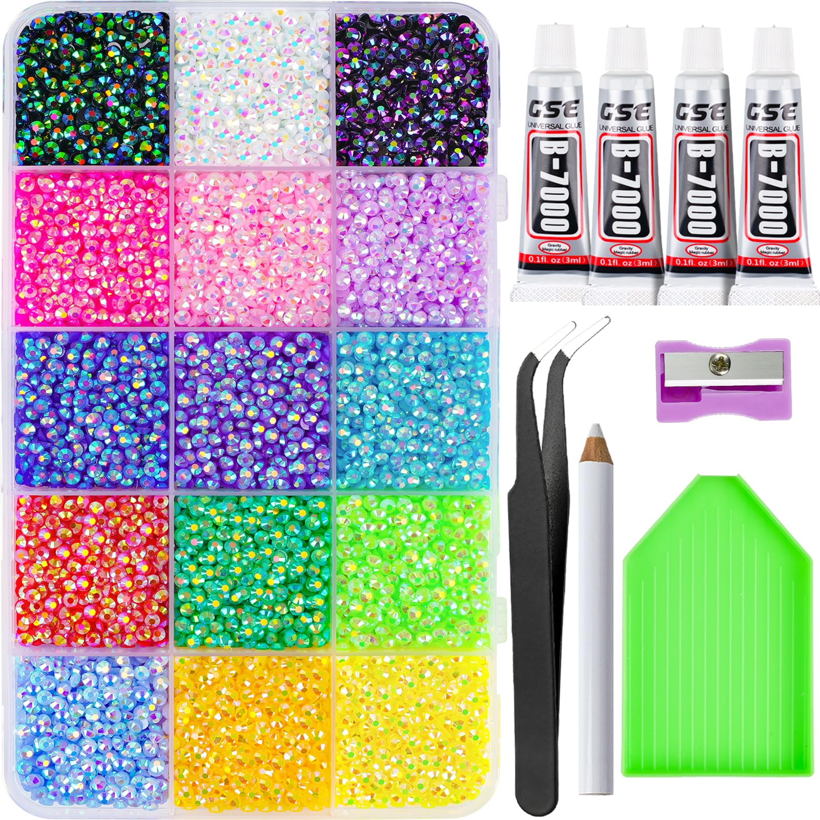 Canvalite 18000PCS Nail Rhinestones for Crafting, Multicolor 3mm Flatback Rainbow Gems, Bedazzling Crystal with 4Pcs 2.5g Jewelry Glue for DIY Crafts Clothing Shoes Nail Art, Stocking Stuffers Gifts