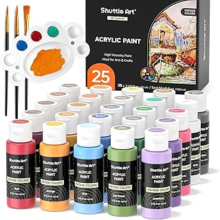 Shuttle Art アクリル絵の具 ビンテージカラー 25色 絵の具セット 60ml ペイントブラシ3本 パレット付き ヴィンテージ風 伝統色 キャンバス/石/木/ガラス/セラミックに描ける 絵具 画材セット イラスト 塗り絵 クラフト 美術