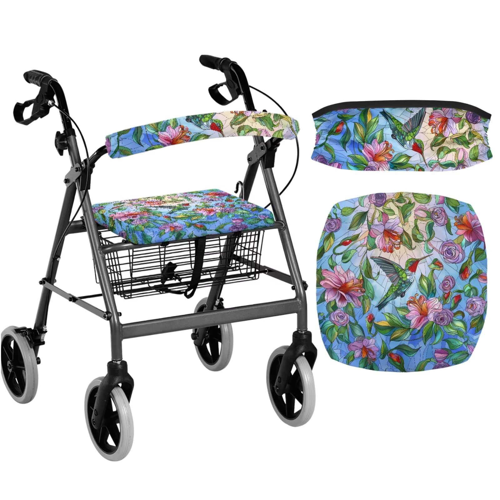 Rollator Accessories ハチドリ フローラルウォーカーシートカバー 高齢者向けギフト 生活支援 洗濯可能 ダストカバー 高齢者用ウォーカー アクセサリー付き クリスマスデコレーション