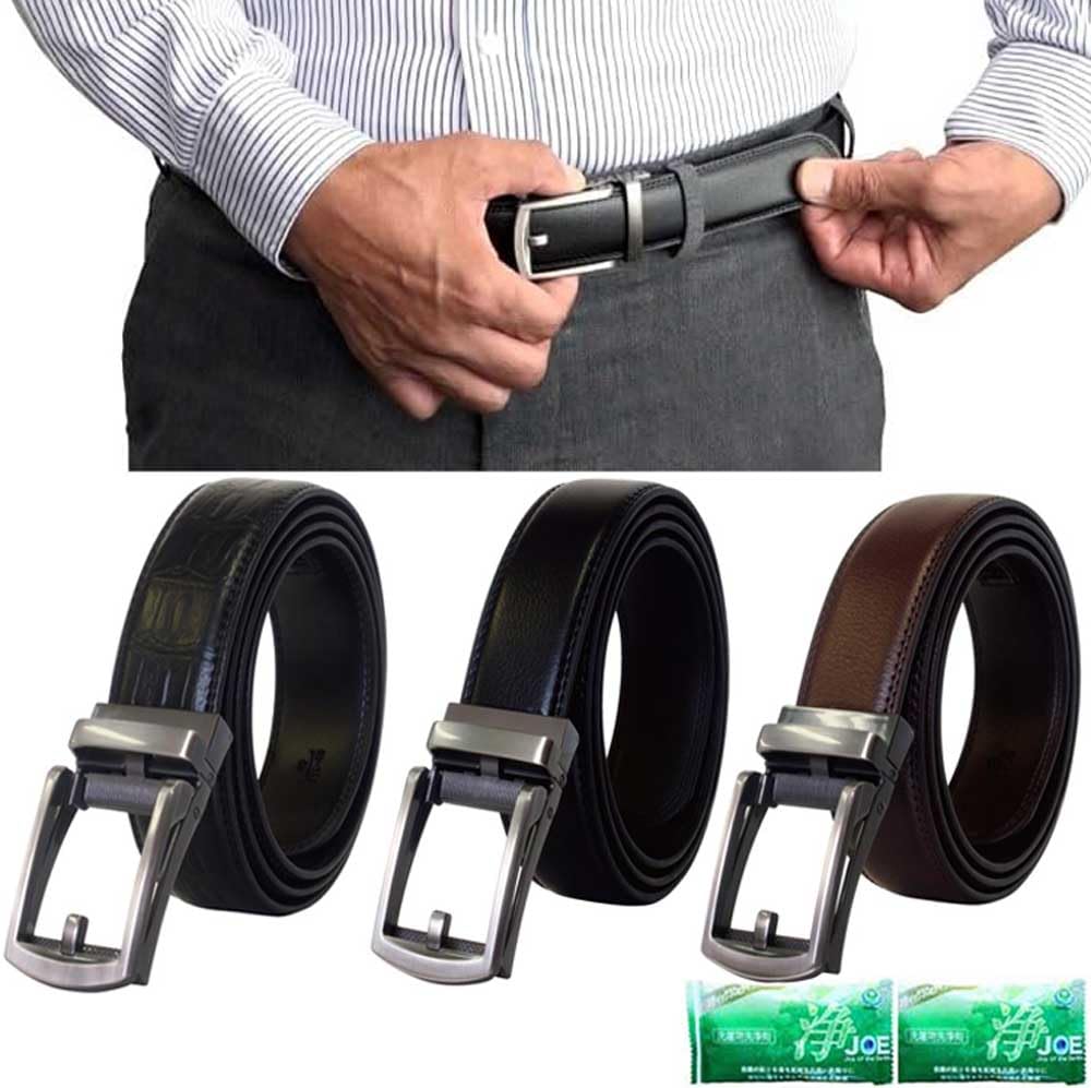 Famara Cowhide Ratchet Belt Set of 3, 44.1 inches (112 cm), Detergent JOE: 1.1 oz (30 g) x 2, Brown + Black Croco Embossed Black One-Touch Slide Adjustment Belt