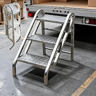 踏み台 折りたたみ 3段 ステップ台 滑り止め 階段 脚立 産業用 耐荷重500kg ステンレス製 25cm幅広ステップで 家庭用階段ステンレススチール踏台 インストール不要 工場·積み下ろし用 家庭用 屋外用 高さ60cm
