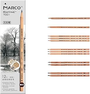 Marco 7001 木製鉛筆 デッサン用エンピツ プロフェッショナル スケッチ用木製鉛筆 六角軸 (7001-2H、HB、2B、4B、6B、8B MIX, 12)