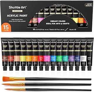 Shuttle Art アクリル絵の具 アクリル顔料 15色セット 速乾 耐久 チューブ 12ml 手作り 布/石/ガラス/セラミックに描ける 子供用 イラスト 塗り絵 クラフト 美術 画材 宿題 初心者 専門家