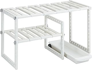 Belca キッチン収納 日本製 トレー付き シンク下フリーラック 伸縮タイプ 幅50~75×奥行30.3×高さ39.8cm ホワイト シンク下収納 2段 棚 スリムトレー キャスター付き VR-303